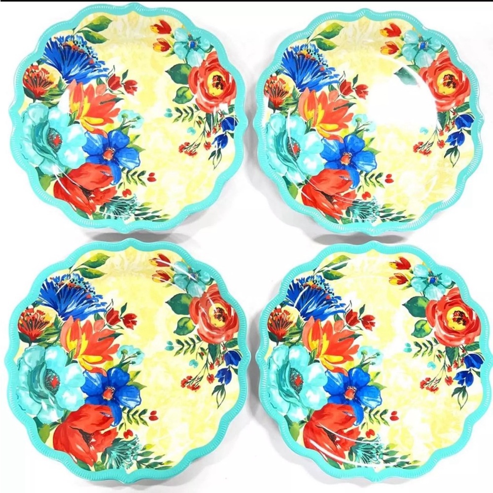 - Four (4) Pioneer Woman Delaney /Teal/10.7" Dia Melamine Dinner Plates Fl…